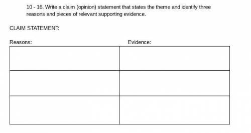 10 - 16. Write a claim (opinion) statement that states the theme and identify three reasons and pie