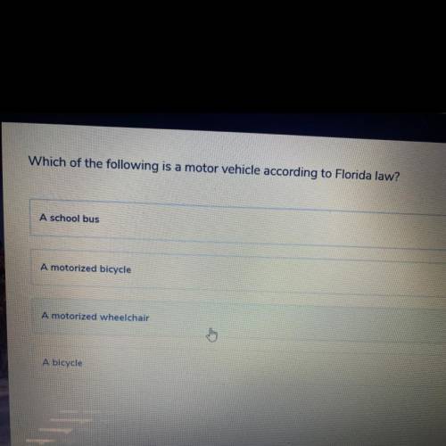 Which of the following is a motor vehicle according to Florida law?

A school bus
A motorized bicy