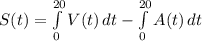 S(t) = \int\limits^{20}_ {0}V(t)} \, dt -  \int\limits^{20}_ {0}A(t)} \, dt