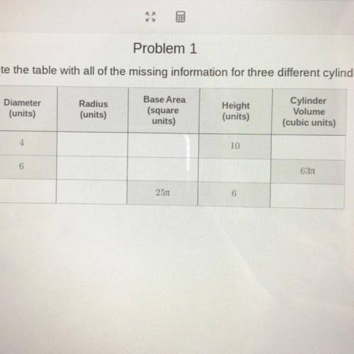 Complete the table with all of the missing information for three different cylinders