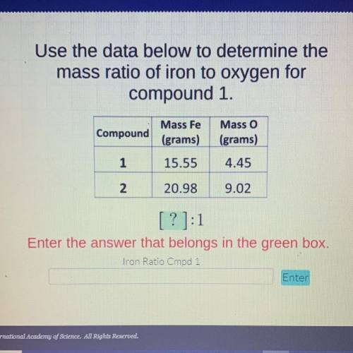 Use the data below to determine the

mass ratio of iron to oxygen for
compound 1.
Compound
Mass Fe