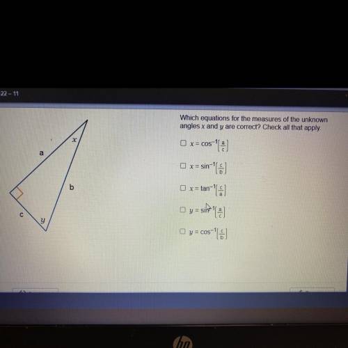 Which equations for the measures of the unknown

angles x and y are correct? 
O x = COS
Fila)
O x=