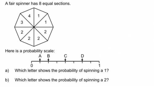 A fair spinner has 8 equal section. Here is a probability scale

a) which letter shows the probabi