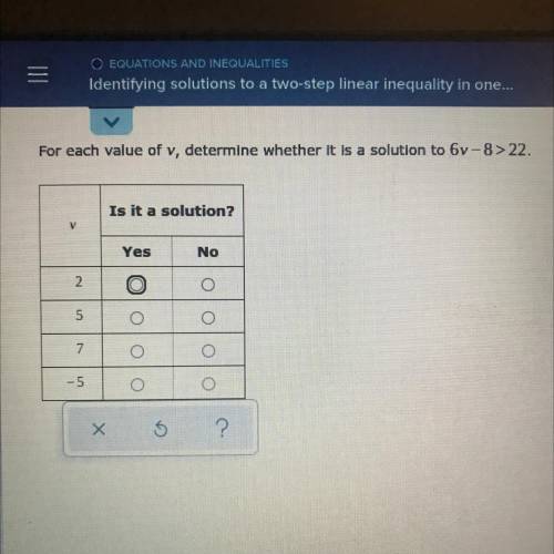 For each value of v, determine whether it is a solution to 6v-8>22.