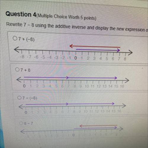 Rewrite 7 - 8 using the additive inverse and display the new expression on a number line.

07+(-8)