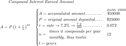 ~~~~~~ \textit{Compound Interest Earned Amount} \\\\ A=P\left(1+\frac{r}{n}\right)^{nt} \quad \begin{cases} A=\textit{accumulated amount}\dotfill &\stackrel{double~25000}{\$50000~~~~}\\ P=\textit{original amount deposited}\dotfill &\$25000\\ r=rate\to 7.2\%\to \frac{7.2}{100}\dotfill &0.072\\ n= \begin{array}{llll} \textit{times it compounds per year}\\ \textit{monthly, thus twelve} \end{array}\dotfill &12\\ t=years \end{cases}