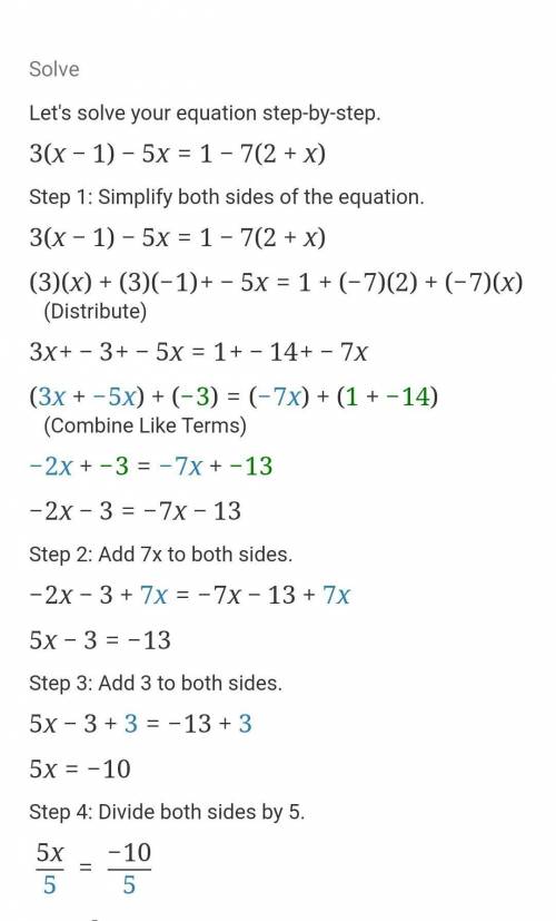 Solve for x: 3(x - 1) - 5x = 1 - 7(2 + x)
ASAP PLS