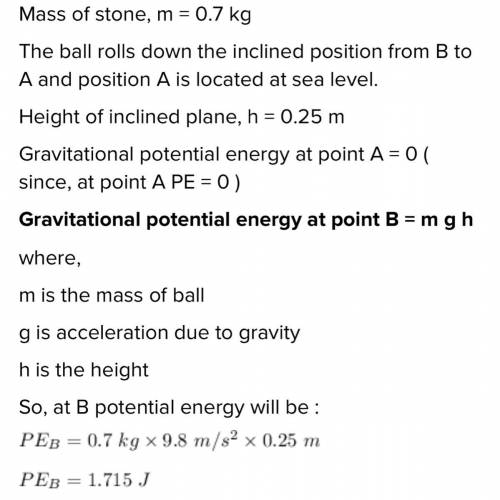 A stone weighing 0.7 kilograms rolls down the inclined plane from position B to position A. Position