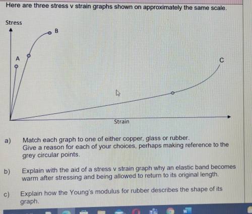 Here are three stress v strain graphs shown on approximately the same scale. Stress B A С Strain a)