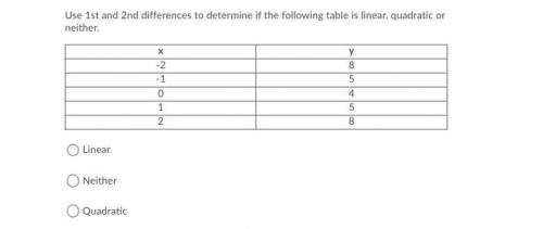 Please help ! Use 1st and 2nd differences to determine if the following table is linear, quadratic