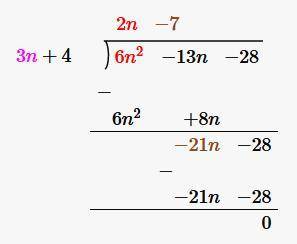A volume of a cylinder is given by the expression 6n2 – 13n – 28. The area of the base is 3n + 4.