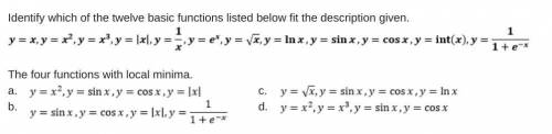Identify which of the twelve basic functions listed below fit the description given. y=x,y=x^(2),y=