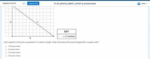 Each segment of the grid is equivalent to 2 meters in length. What is the area of the actual triang