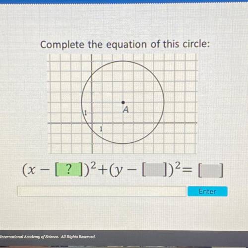 Urgent! pls help!
Complete the equation of this circle:
А
(x - [?])2+(y -[])= []