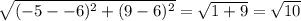 \sqrt{(-5--6)^2 + (9-6)^2} = \sqrt{1 +9} =\sqrt{10}