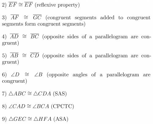 Given: ABCDis a parallelogram ∠GEC ≅ ∠HFA and AE ≅FC.
Prove △GEC ≅ △HFA.