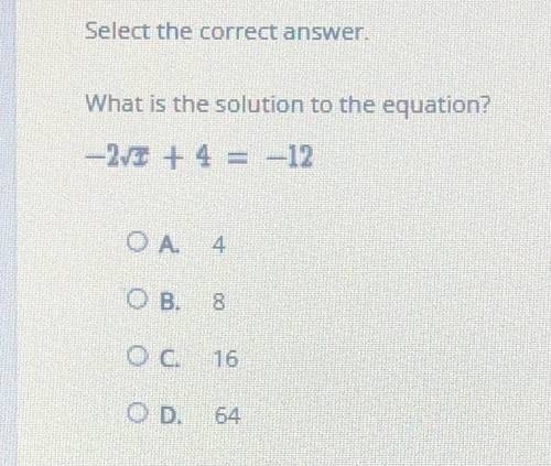 Select the correct answer. What is the solution to the equation?
*image below*