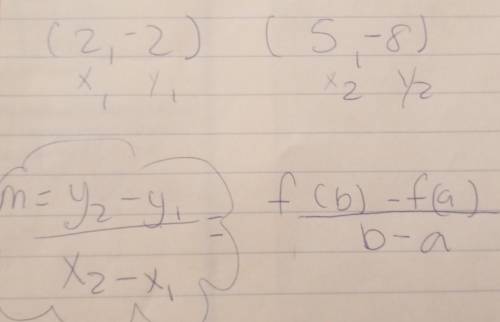 How do I solve? ( (2,-2) (5-8) x 2 2 2 Х Y 2 2/ m = y ₂ - y - f (b)-f(a) b-a X2-X, -2