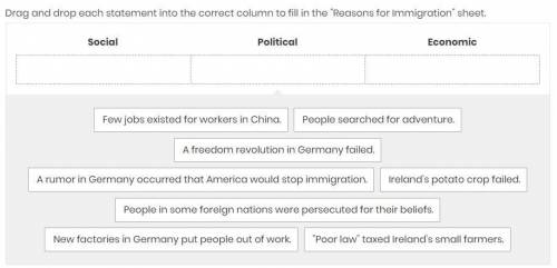 Drag and drop each statement into the correct column to fill in the Reasons for Immigration sheet