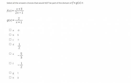 Select all the answers choices that would NOT be part of the domain of f o g(x) if: