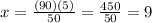 x=\frac{(90)(5)}{50} =\frac{450}{50} =9