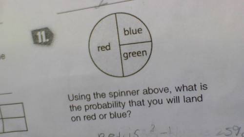 Using the spinner above, what is the probability that you will land on red or blue?