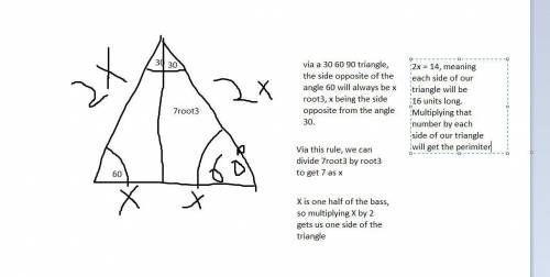 An equilateral triangle has a height of 7 square root 3 cm. Find the perimeter of the triangle.