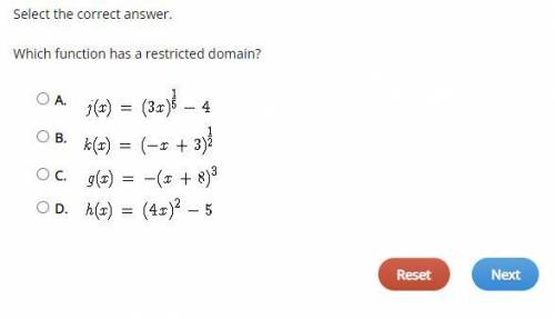 ASAP 50 POINTS
Select the correct answer.
Which function has a restricted domain?
