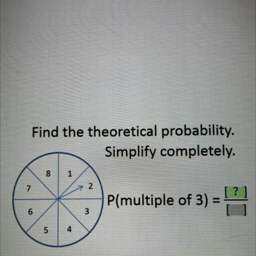 Find the theoretical probability.

Simplify completely.
8 | 1
7
2
P(multiple of 3)
M
6
3
un
5
4