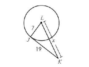If the line segment JK is tangent to circle L, find x.