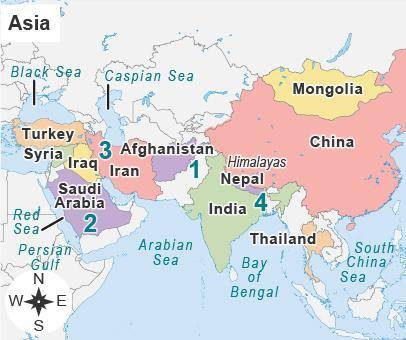 Review the map of Asia.

A map titled Asia with labels 1 through 4. 1 is between Afghanistan and I