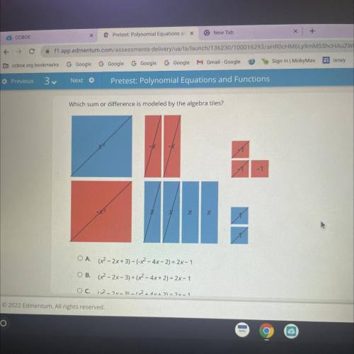 Which sum or difference is modeled by the algebra tiles?

-1
O A. (x2 - 2x + 3) - (-x2 - 4x - 2) =