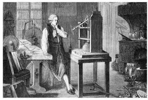 This illustration shows how James Watt might have made observations about a model of his steam engi
