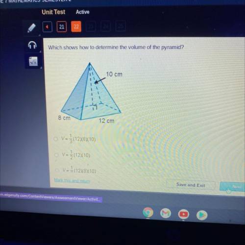 Which shows how to determine the volume of the pyramid?

10 cm
8 cm
12 cm
V-3(1268)(10)
OV-2(12)(1