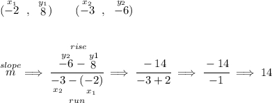 (\stackrel{x_1}{-2}~,~\stackrel{y_1}{8})\qquad (\stackrel{x_2}{-3}~,~\stackrel{y_2}{-6}) \\\\\\ \stackrel{slope}{m}\implies \cfrac{\stackrel{rise} {\stackrel{y_2}{-6}-\stackrel{y1}{8}}}{\underset{run} {\underset{x_2}{-3}-\underset{x_1}{(-2)}}} \implies \cfrac{-14}{-3 +2} \implies \cfrac{ -14 }{ -1 }\implies 14