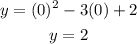 \begin{gathered} y=(0)^2-3(0)+2 \\ y=2 \end{gathered}