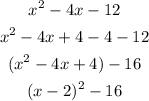 \begin{gathered} x^2-4x-12 \\ x^2-4x+4-4-12 \\ (x^2-4x+4)-16 \\ (x-2)^2-16 \end{gathered}