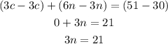 \begin{gathered} (3c-3c)+(6n-3n)=(51-30) \\ 0+3n=21 \\ 3n=21 \end{gathered}