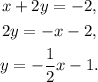 \begin{gathered} x+2y=-2, \\ 2y=-x-2, \\ y=-\frac{1}{2}x-1. \end{gathered}